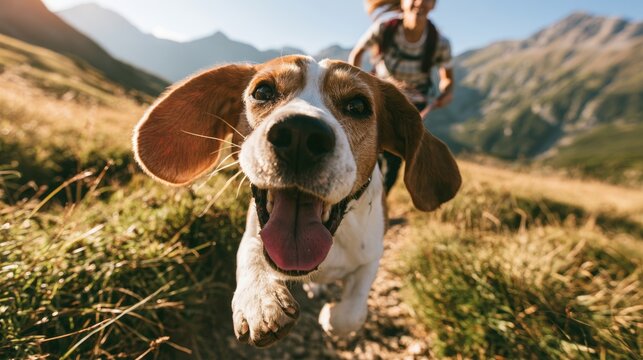 Close-up joyful dog running on rocky mountain trail with mountain landscape in background and happy person hiking behind