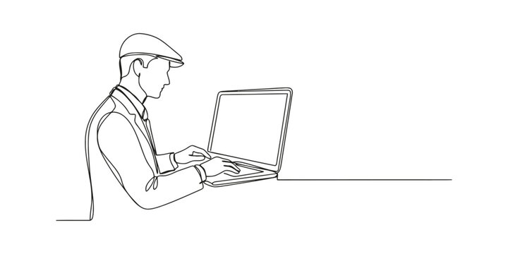 Continuous single line drawing of a man in a hat working on a laptop computer