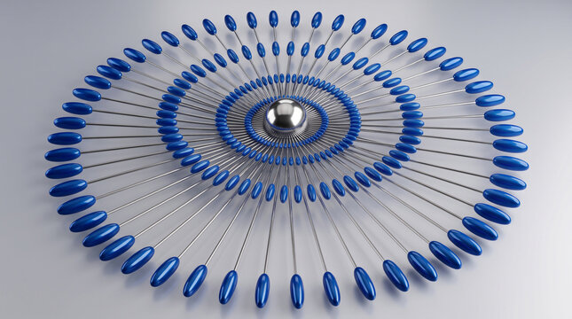Abstract 3d render of a central metallic sphere connected to multiple blue oval shapes arranged in concentric circular patterns on a light background