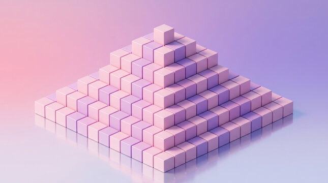 Isometric pyramid structure made of pastel pink and purple cubes on a gradient background