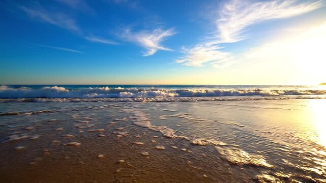 Golden Sunset Beach Waves Rolling Onto Shore