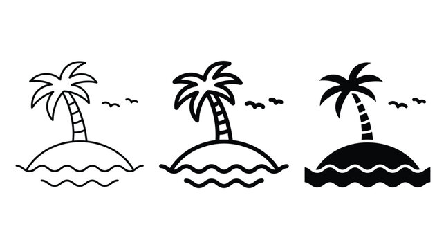 Tropical island palm tree vector icons with ocean waves and birds in linear bold and solid styles for beach holiday branding.