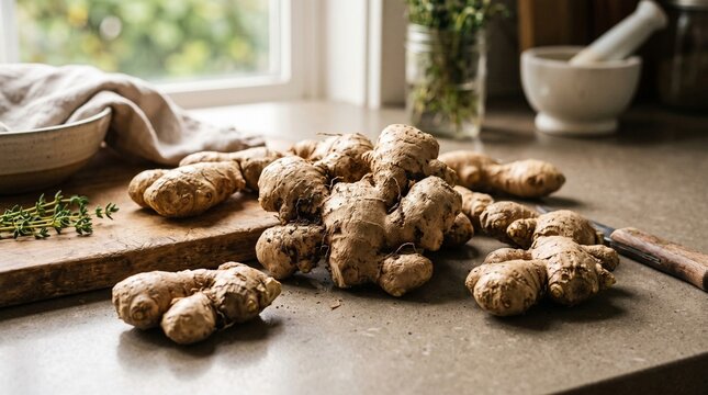 Fresh ginger roots on a stone kitchen counter with herbs and sunlight in a home kitchen