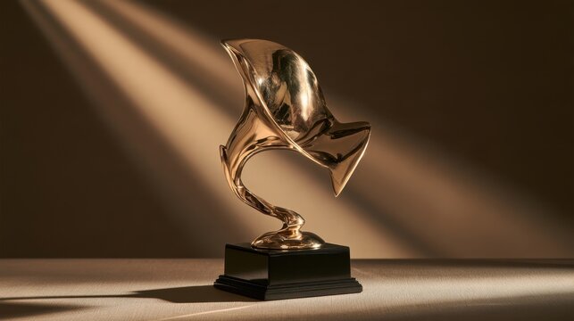 Shiny golden sculpture art award on black base with dramatic warm spotlight on neutral background