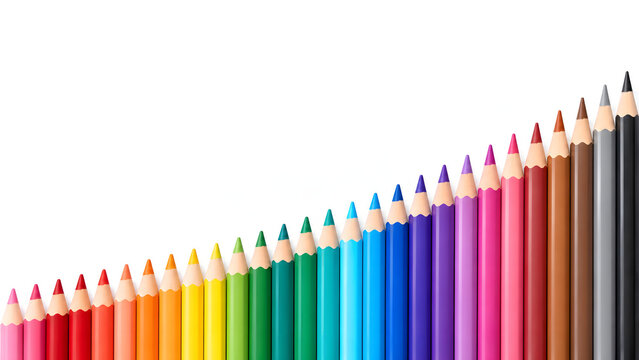 Colorful Colored Pencils in Graduated Row on White Background with Copy Space