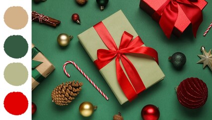 Fototapeta premium Christmas gift shopping and holiday celebration, wrapped presents with red ribbons and festive ornaments on a green background for seasonal marketing