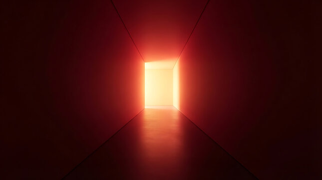 Empty corridor with glowing light at the end featuring a red minimalist architectural perspective