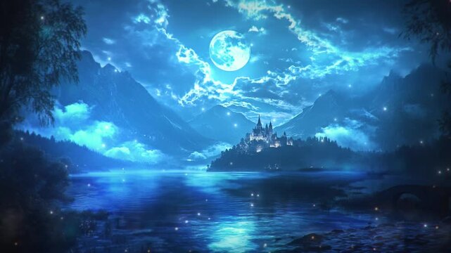 夜の湖と城