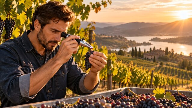 Winemaker using refractometer to check grape sugar levels in vineyard at sunset