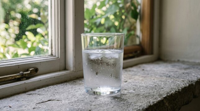 Glass of cold water with ice cubes resting on a wooden windowsill by a sunny window
