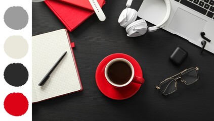 Fototapeta premium Remote work and productivity, freelancer workspace with laptop and coffee on black desk for business planning and creative project management