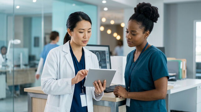 Diverse doctors collaborate on patient care using tablet in modern hospital