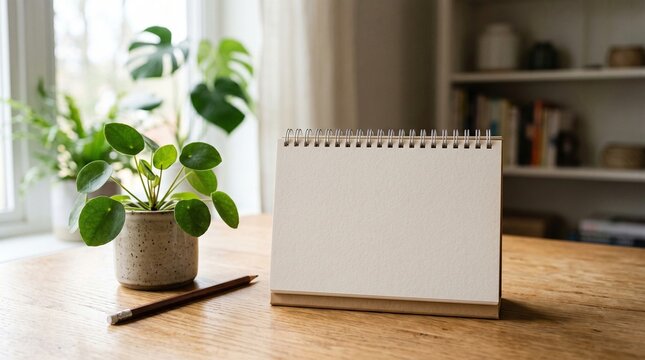 Blank desk calendar with a green houseplant and pen on a wooden office table near a bright window