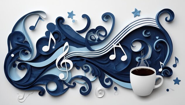Papercraft music swirls flowing into coffee cup