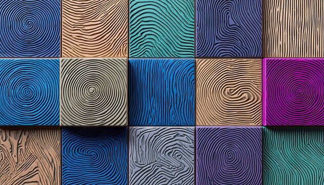 Mosaic grid of colorful textured squares and swirls