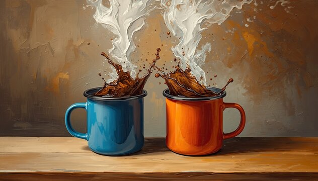 Twin mugs erupt coffee in mirrored motion