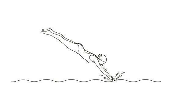 Swimmer diving into water drawn in a continuous line art style with swimming pool water sport swimming minimalist