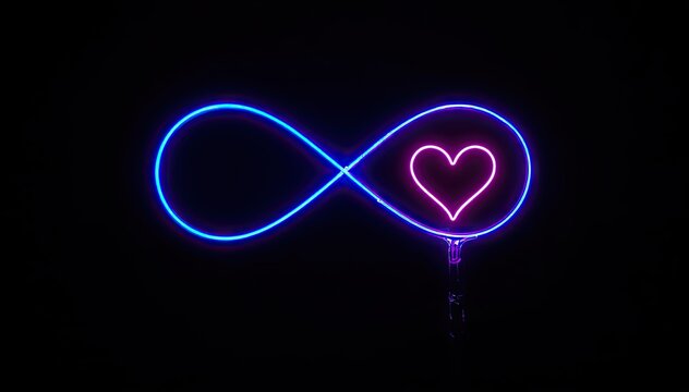 Blue infinity sign embraces pink neon heart