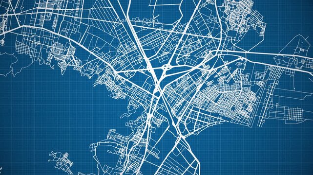 Ink reveal animation of San Crist&oacute;bal Ecatepec (Ecatepec de Morelos) city, Mexico (M&eacute;xico) grid map. Aerial top view. Blueprint style. White lines with blue background. 4K Seamless loop.