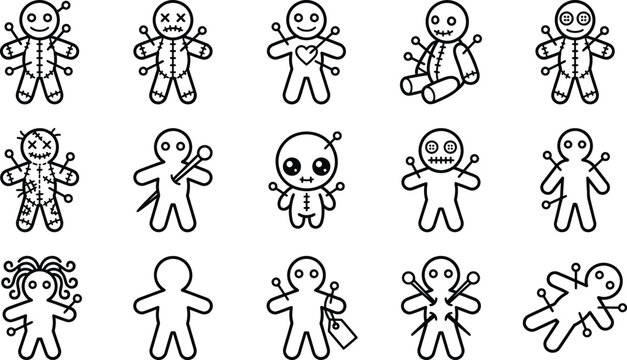 Black outline voodoo doll icons vector set featuring various poses and facial expressions on transparent background