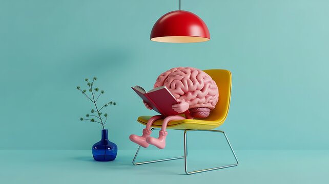 Brain reading a book while sitting on a modern chair in a creative interior