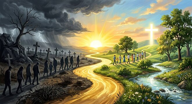Path splits between dark crowd and bright cross