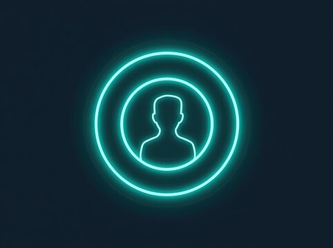 Neon cyan user profile icon inside concentric circles on dark background