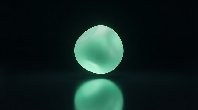 Glowing mint green abstract organic sphere isolated on a dark reflective surface