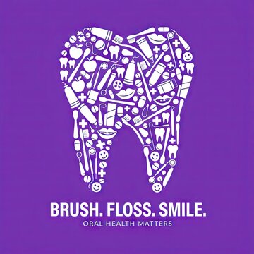 Dental care poster with icon filled tooth shape