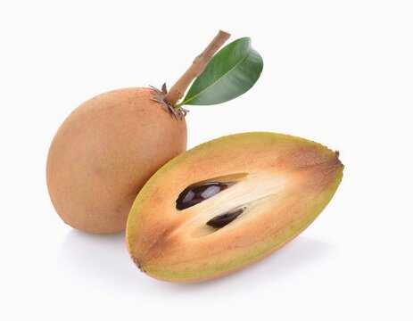 Fresh sapodilla fruit with leaf isolated on white background