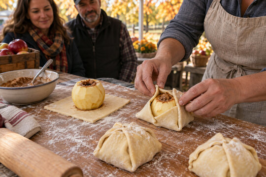 Festival baker folding pastry around a whole apple dumpling