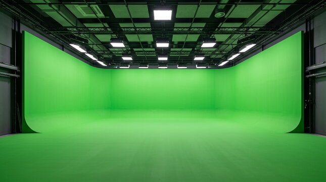 Modern wide angle view of an empty green screen studio with professional lighting setup for digital cinema production and visual effects