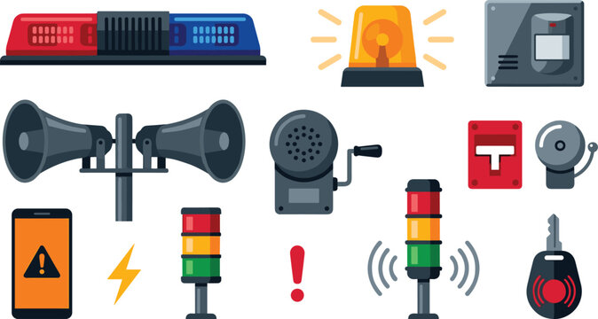Emergency alarm and warning signal system flat vector icon collection featuring sirens flasher lights and horns