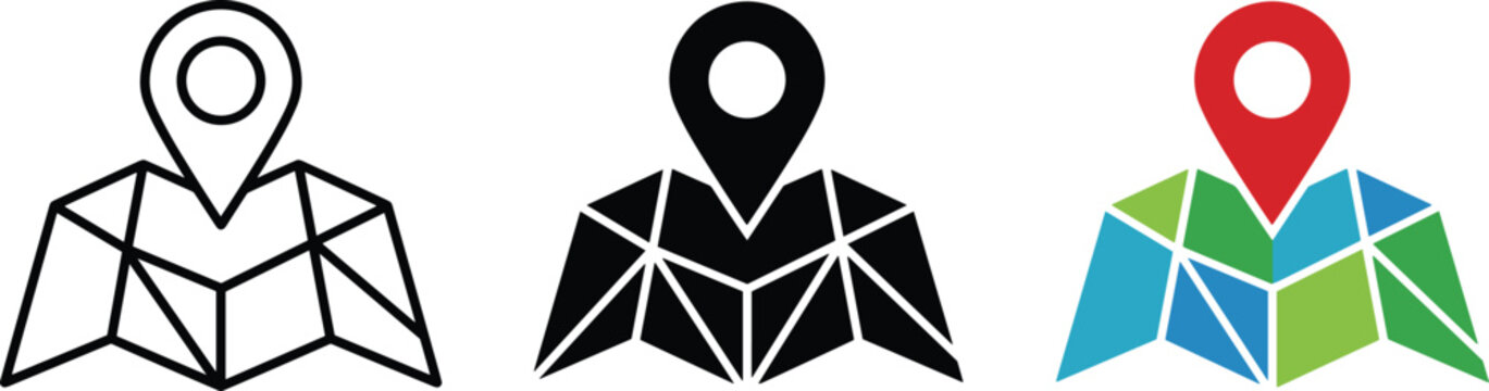 Folded map navigation vector icons set featuring geometric low poly style with location marker pin symbols