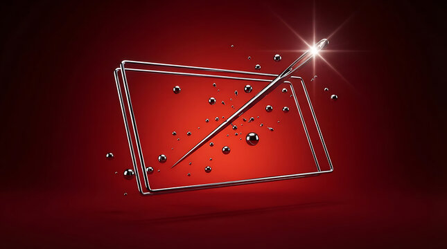 Chrome needle piercing a metallic rectangular frame with floating spheres on dark red background