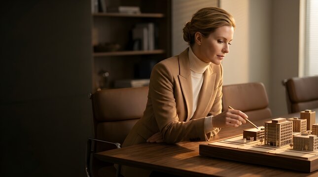 Professional female architect examining detailed architectural scale model in modern office