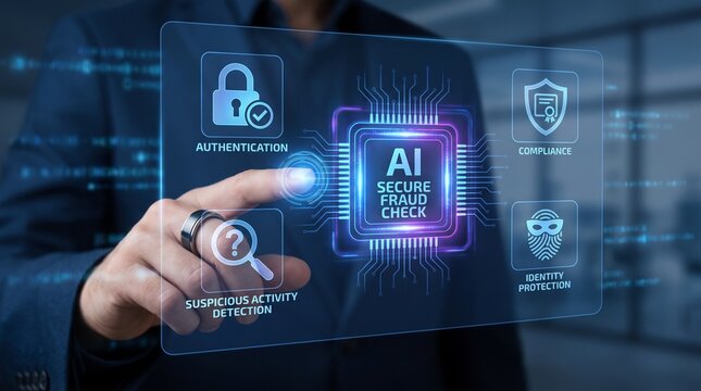 Businessman Touching AI Secure Fraud Check Hologram Screen