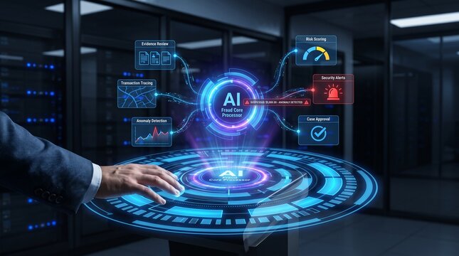 Hand Operating AI Fraud Detection Hologram in Datacenter