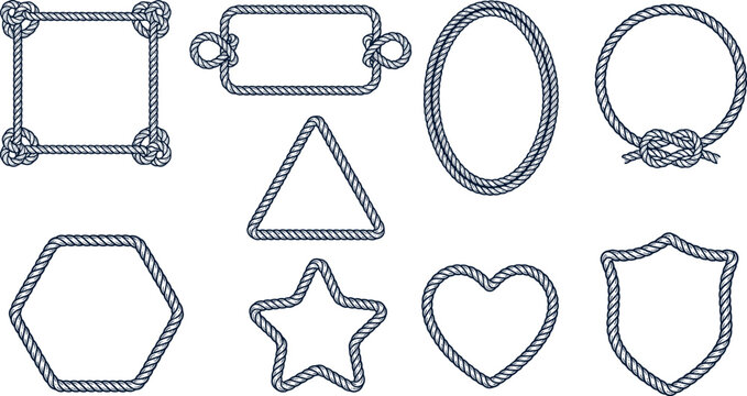 Nautical blue rope frames geometric shapes set with circle square heart star and knot borders for marine invitations