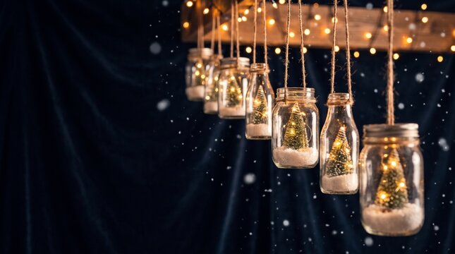 Hanging Glass Bottles with Illuminated Pine Trees and Snow