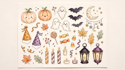 Fototapeta premium Cute Halloween Party Watercolor Clipart Set with Pumpkins Spooky Ghosts Party Hats Candies Lanterns and Garland Isolated on White Background