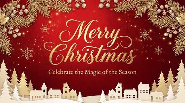 Merry Christmas Red Greeting Card with Gold Lettering and Village