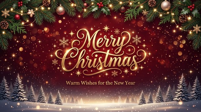 Glowing Merry Christmas Gold Typography Poster with Winter Forest