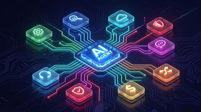 AI Agent Microchip Connecting to Multi Functional Ecosystem Icons