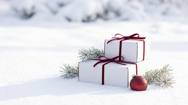 Minimalist White Christmas Gift Boxes with Red Ribbons in Snow
