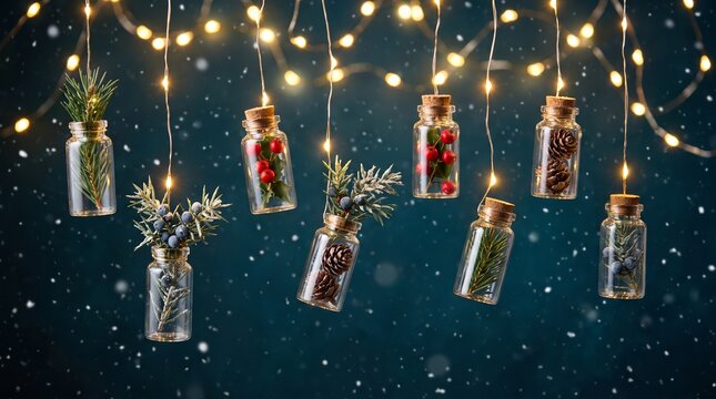 Hanging Miniature Glass Bottles with Pine Cones and Winter Berries