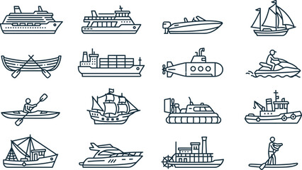 Watercraft and maritime transport thin line icons bundle with cruise liner cargo ship submarine sailboat and passenger ferry © MSTRUBINA