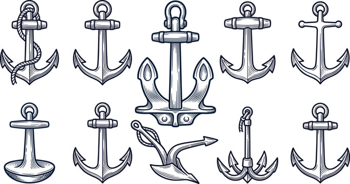 Vintage nautical anchor vector illustration bundle featuring retro hand drawn marine equipment grapnels shanks and vessel stabilizers