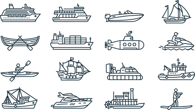 Watercraft and maritime transport thin line icons bundle with cruise liner cargo ship submarine sailboat and passenger ferry