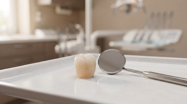 ceramic tooth crown and mouth mirror on tray in modern dental clinic